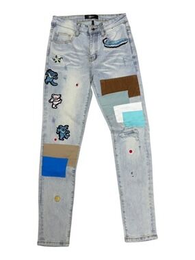 AMIRI Grateful Dead Skinny Jeans Patchwork Light Wash Designer Denim Mens 29x32